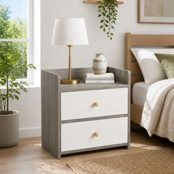 HYGGO Two-Tone Bedside Table Nightstand Light Gray White Drawers Wooden Knobs