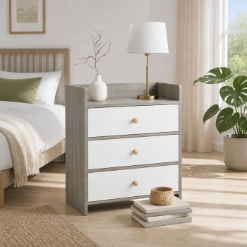 HYGGO Bedside Table Drawer Nightstand Light Gray Wood Grain 3 Drawers Wooden Knobs