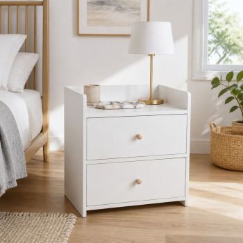 HYGGO White Minimalist Nightstand Double Drawer Bedside Table Wooden Handles Tray