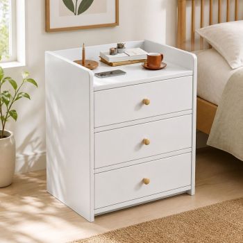 HYGGO White Minimalist Nightstand Bedside Table Triple Drawer Wooden Handles Tray