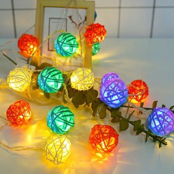 1 Set of Multi Coloured 5cm Rattan Cane 20 Ball Battery Powered 3m String Lights Christmas Gift Home Wedding Party Bedroom Decoration Table Centrepiece