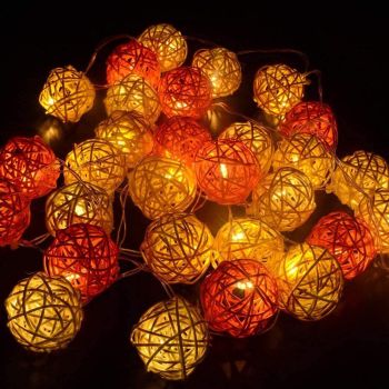 1 Set of Orange n White 5cm Rattan Cane 20 Ball Battery Powered 3m String Lights Christmas Gift Home Wedding Party Bedroom Decoration Table Centrepiece