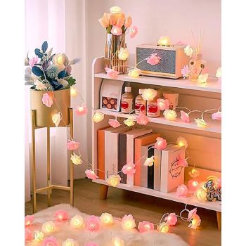 20 Pink n White Rose 3D Fairy Lights 3M String, Battery (AA) Indoor & Outdoor Decorations Wedding Valentines Romantic Room Table Lighting