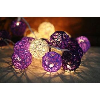 1 Set of Purple n White 5cm Rattan Cane 50 Ball Battery Powered LONG 5m String Lights Christmas Gift Home Wedding Party Bedroom Decoration Table Centrepiece