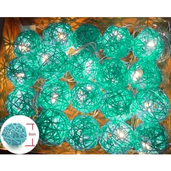 1 Set of Turquoise Blue 5cm Rattan Cane 50 Ball Battery Powered LONG 5m String Lights Christmas Gift Home Wedding Party Bedroom Decoration Table Centrepiece