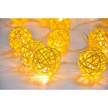 1 Set of Yellow 5cm Rattan Cane 50 Ball Battery Power LONG 5m String Lights Christmas Gift Home Wedding Party Bedroom Decoration Table Centrepiece