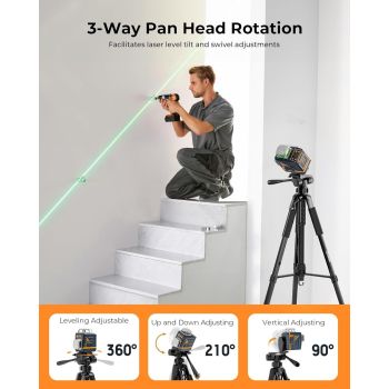 CIGMAN 59-inch Lightweight Adjustable Laser Level Tripod with 3-Way Swivel Pan Head, Bubble Level, Phone Holder, Quick Release Plate with 1/4" Screw Mount & 5/8" UNF Adapter Nut, Camera & Phone Tripod