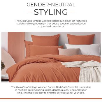 100% Cotton Vintage Washed Bed Quilt Cover Set - Brick - Single