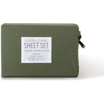 Gioia Casa Vintage Washed 100% Cotton Sheet Set with 1 Pillowcases - Khaki Green - Single