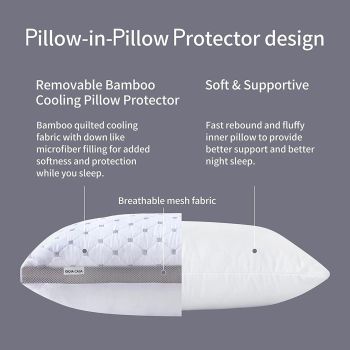 Gioia Casa Premium Bamboo Cooling Twin Pack Plush Down-Like Pillows - Medium to High Profile (2PCS) - with Free 2 Quilted Pillow Protectors (Improved Version)