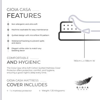 Gioia Casa 100% Ultra-Soft Cotton Quilted Anti-Microbial Mattress Cover Protector - Double Size