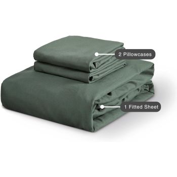 100% Vintage Washed Microfibre Fitted Sheet Set – Ultra Soft & Lightweight All-Season Fitted Sheet with 2 Pillowcases (Khaki Green, Queen Size)