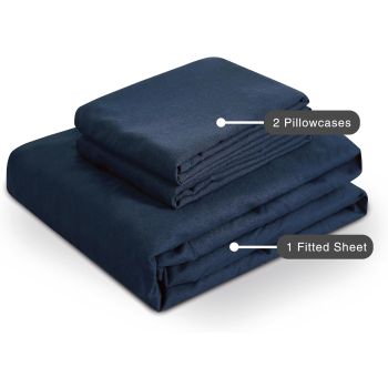100% Vintage Washed Microfibre Fitted Sheet Set – Ultra Soft & Lightweight All-Season Fitted Sheet with 2 Pillowcases (Navy Blue, Queen Size)