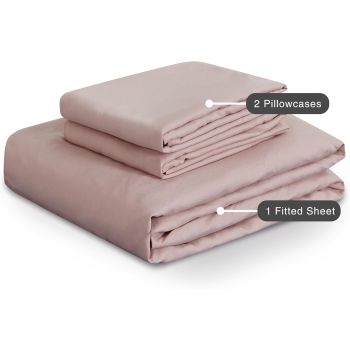 100% Vintage Washed Microfibre Fitted Sheet Set – Ultra Soft & Lightweight All-Season Fitted Sheet with 2 Pillowcases (Pink, Queen Size)