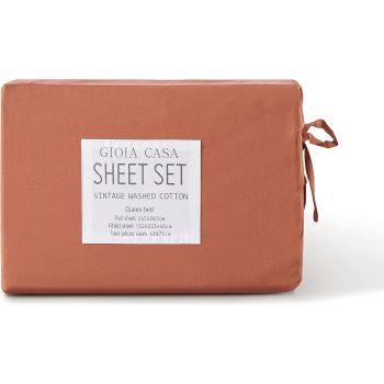 Gioia Casa Vintage Washed 100% Cotton Soft Breathable Sheet Set - Brick - Queen