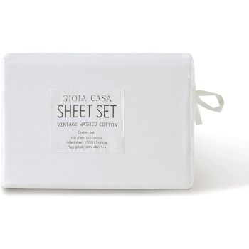 Gioia Casa Vintage Washed 100% Cotton Sheet Set with 2 Pillowcases - White - King Size