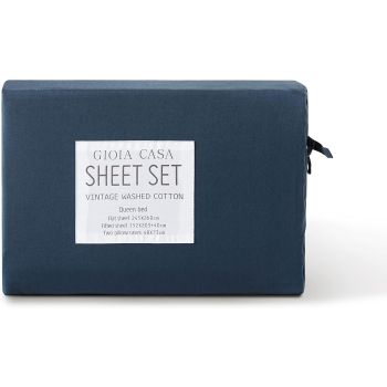 Vintage Washed 100% Cotton Soft Breathable Sheet Set - Dark Indigo - King Single