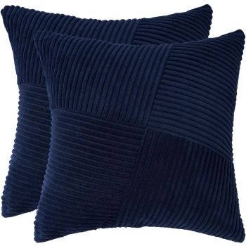 Corduroy Cushion Covers - Soft Velvet Fabric with Windmill-Inspired Pattern and Hidden Zipper Design - Navy Blue, 45cm x 45cm (Twin Pack)