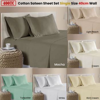 400TC 100% Cotton Sateen Premium Sheet Set 40cm Wall Mocha Single