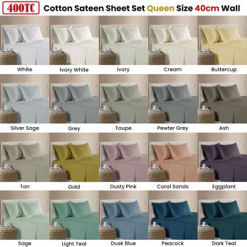 400TC 100% Cotton Sateen Premium Sheet Set 40cm Wall Sage Queen