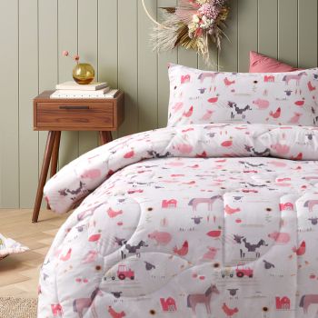 Happy Kids Farmyard Friends 2 Piece Washed Cotton Cover Comforter Set Single 160cm x 220cm