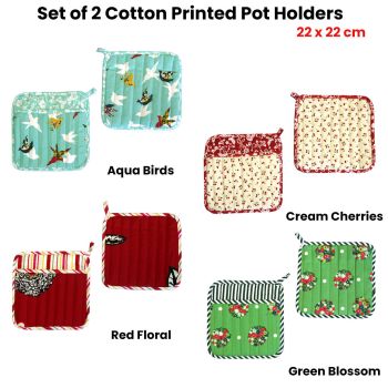 Set of 2 100% Cotton Printed Pot Holders 22 x 22 cm Red Floral