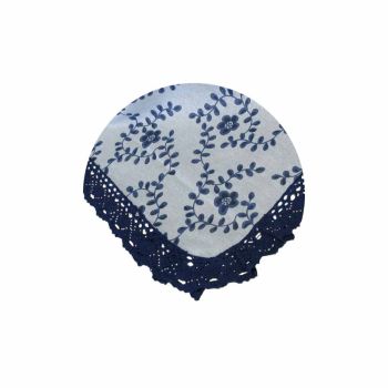 Floral Printed Premium 60% Cotton 40% Linen Table Cloth with Navy Lace Edging 140 x 180 cm / 4 Seater