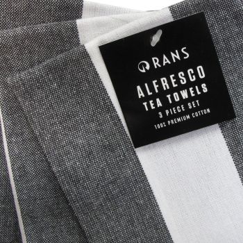 Rans Alfresco Stripes Cotton Set of 3 Tea Towels 45 x 65 cm Black