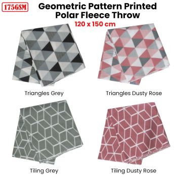 Tiling 175GSM Geometric Pattern Printed Polar Fleece Throw Rug 120 x 150cm Grey