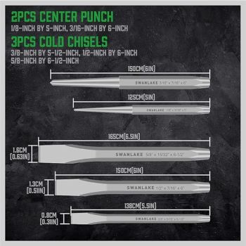 SWANLAKE Punch and Chisel Set, Including Taper Punch, Cold Chisels, Pin Punch, Center Punch (16pcs)