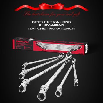 SEDY 6Pcs Extra Long Flex-Head Ratchet Spanner Set Double Box End Spanner 8-19mm