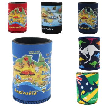 6x Australia Stubby Stubbie Holder Beer Bottle Tin Can Drink Alcohol Cooler Gift, Mixed Design (Maps)