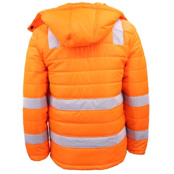 HI VIS Puffer Safety Jacket Reflective Tape Removable Hood Zip Pocket Puffy Coat, Fluro Orange, 5XL