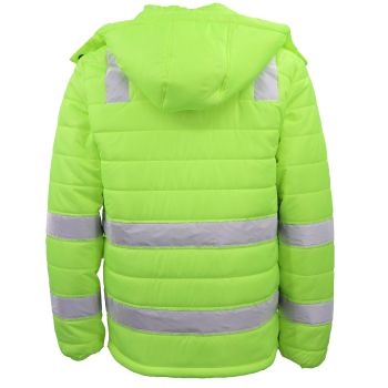 HI VIS Puffer Safety Jacket Reflective Tape Removable Hood Zip Pocket Puffy Coat, Fluro Yellow, 5XL