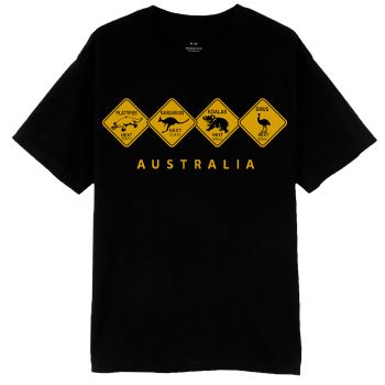 Adult Unisex 100% Cotton T Shirt Australia Wildlife Road Sign Souvenir Tee Tops, Black, L