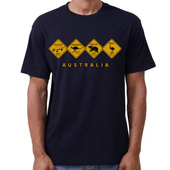 Adult Unisex 100% Cotton T Shirt Australia Wildlife Road Sign Souvenir Tee Tops, Navy, 3XL