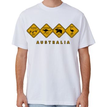 Adult Unisex 100% Cotton T Shirt Australia Wildlife Road Sign Souvenir Tee Tops, White, S