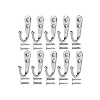 10Pcs Wall Hooks Heavy Duty Coat Hat Robe Hanger Double Hole Zinc Alloy Vintage - Silver