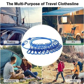 12 Clips Camping Rope Peg Washing Clothes Line Travel clothesline Portable - Blue