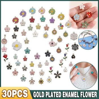 30PCS Assorted Gold Plated Enamel Flower Charms Pendant DIY For Jewelry Making