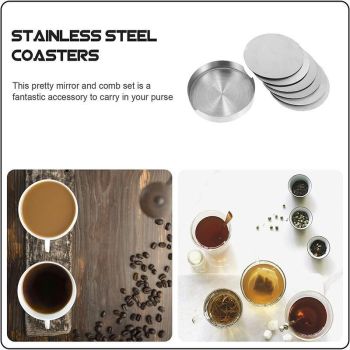 Stainless Steel Drink Coaster Set 6PCS Heat Resistant Cup Pads With Holder