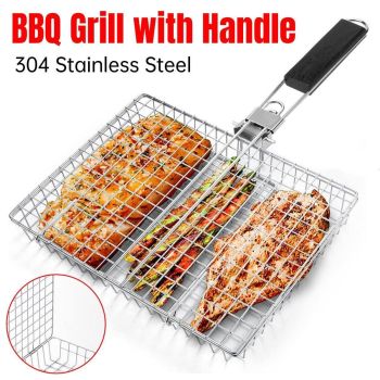 Barbecue Grilling Basket Portable Folding Stainless Steel Grill BBQ Food Holders