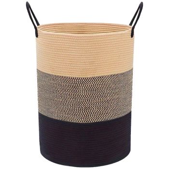 Woven Cotton Rope Storage Basket Foldable Laundry Bin Bamboo Clothes Organizer - Khaki Black