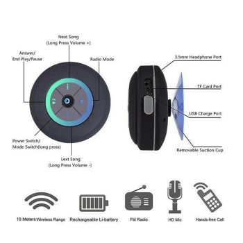 Waterproof Bluetooth Shower Speaker with LED Light FM Radio and Suction Cup