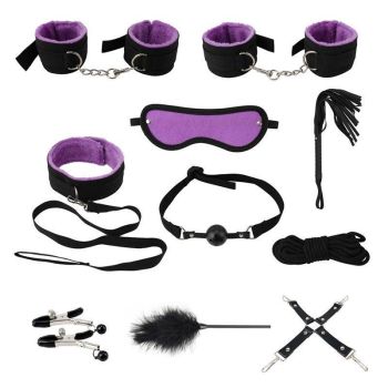 14Pcs Bondage Set Bdsm Restraint Ball Gag Fetish Handcuffs Couples Sex Whip Toy - Purple