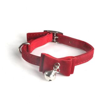 1× Adjustable Suede Cat Collar with Bow Bell Pink Blue Black Red - Purple