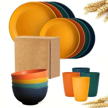 16Pcs Wheat Straw Dinnerware Serving Set Unbreakable Tableware Plates Microwave
