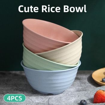 4pcs Wheat Straw Rice Bowl Round Noodle Bowl Drop Proof Kitchen Tableware Set