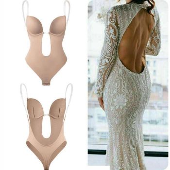 L Size Women Deep U Plunge Seamless Push Up Bra Thong Backless Bodysuit - Skin