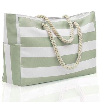 Large Bohemian Striped Canvas Beach Bag Zipper Tote for Travel Outdoor Vacation - Blue